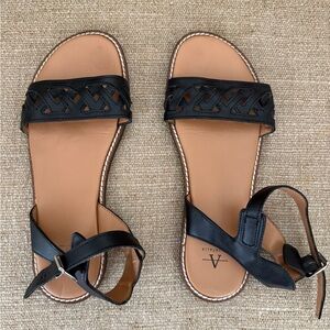 Aquatalia Black Leather Woven-Strap Ankle Sandals